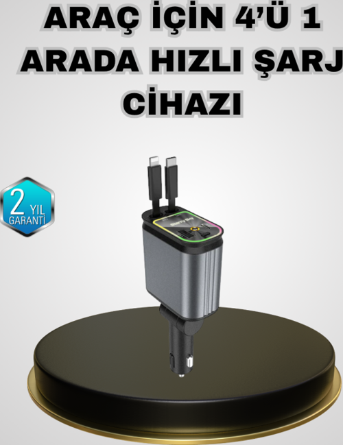 Araç Şarj Adaptörü 66W PD QC Hızlı Şarjlı ve Çekilebilir Kablolu
