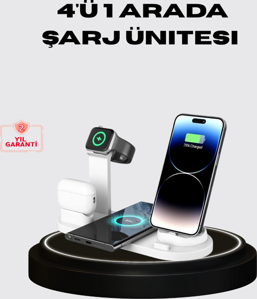 Apple Uyumlu Kablosuz Şarj İstasyonu 4 Cihaz Destekli ve Hızlı Şarjlı