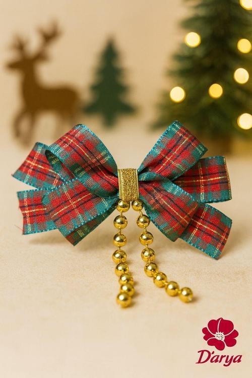 DD606 Kırmızı-Yeşil Ekose Yılbaşı Fiyonk Saç Tokası (Gold Detaylı) Christmas Hairband