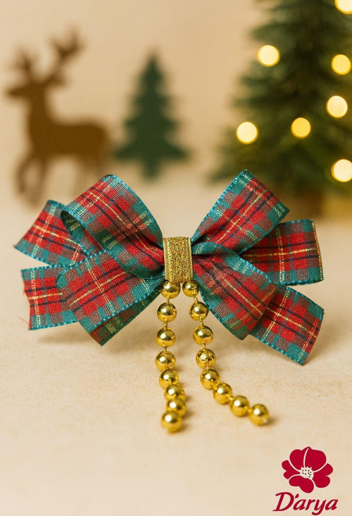 DD606 Kırmızı-Yeşil Ekose Yılbaşı Fiyonk Saç Tokası (Gold Detaylı) Christmas Hairband