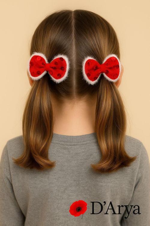 DD608 Kırmızı Yılbaşı Ponponlu Peluş Fiyonklu Çift Tokalı Set (2’li)