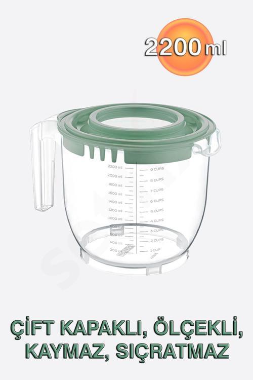 2200ml Çift Kapaklı, Ölçekli Mikser Kabı, Kaymaz, Sıçratmaz