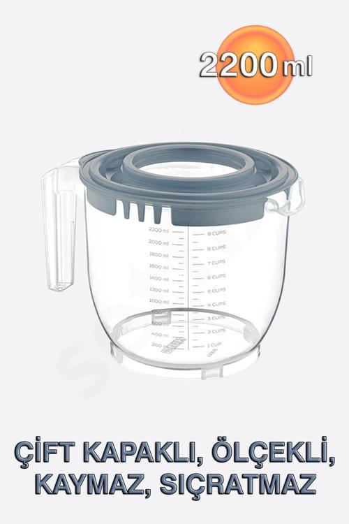 2200ml Çift Kapaklı, Ölçekli Mikser Kabı, Kaymaz, Sıçratmaz