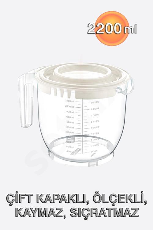2200ml Çift Kapaklı, Ölçekli Mikser Kabı, Kaymaz, Sıçratmaz