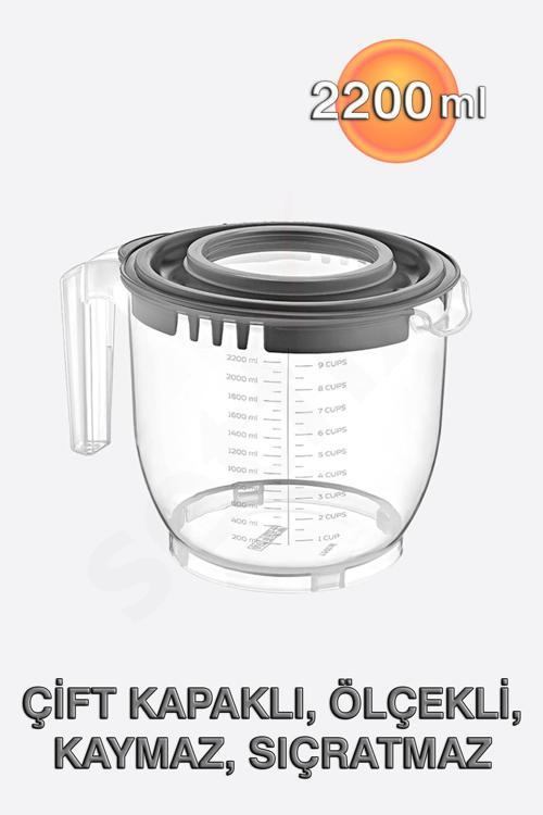 2200ml Çift Kapaklı, Ölçekli Mikser Kabı, Kaymaz, Sıçratmaz