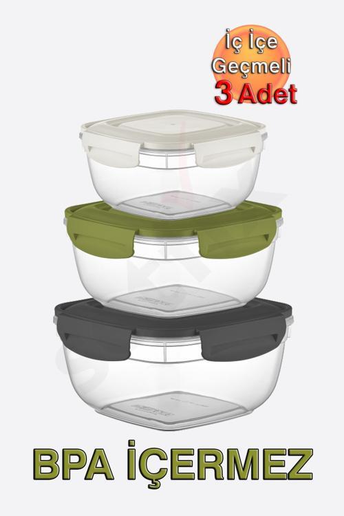 Fresh Box Kilitli Kare Saklama Kabı (500, 900, 1500 ml) (Üçlü Set)