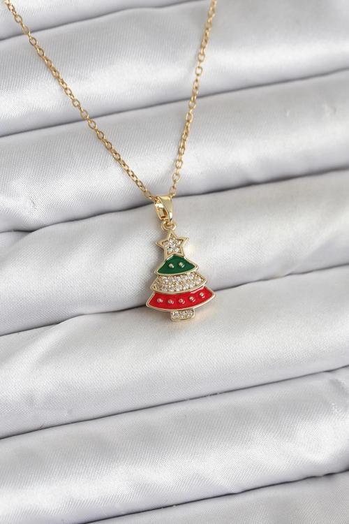 316L Çelik Zincir Gold Ren Çam Ağacı Model Zirkon Taşlı Yılbaşı Temalı Kadın Kolye