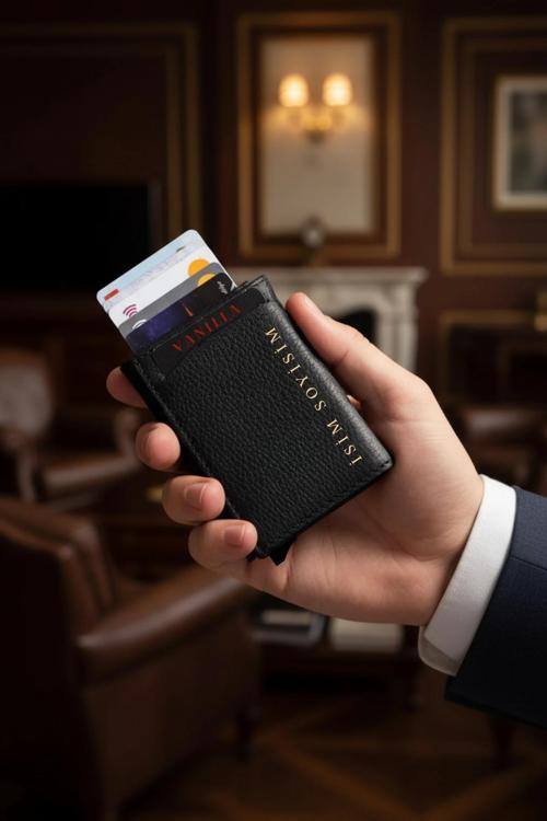 Mıknatıslı Mekanizmalı Cüzdan İsim Baskılı 8 Kart Kapasiteli Rfıd Blocking