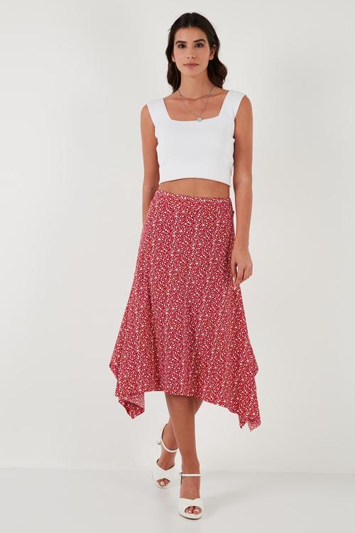 Desenli Volanlı Midi Boy Yırtmaçlı Bayan Etek 5864073 KIRMIZI
