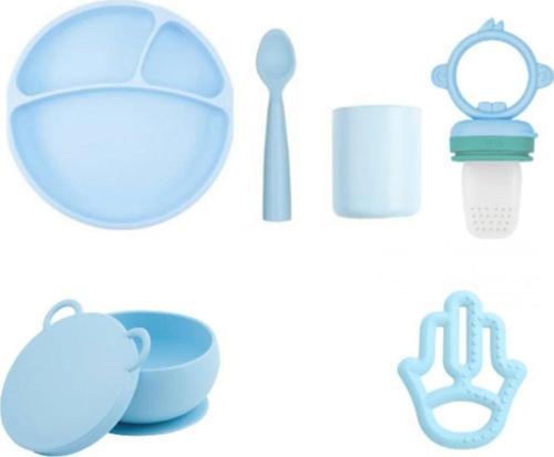 Silikon Full Set Tabak + Bardak +kaşík+kase+anneli Diş Kaşíyící+püre Mavi