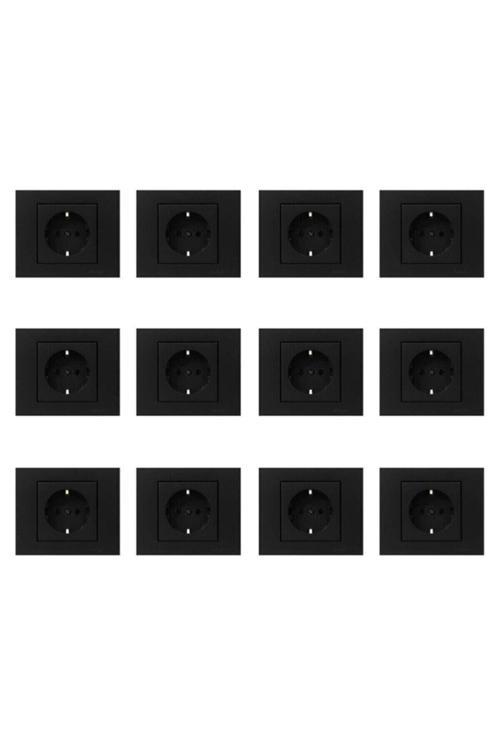 Grano Siyah Topraklı Priz 12 Adet Çerçeve