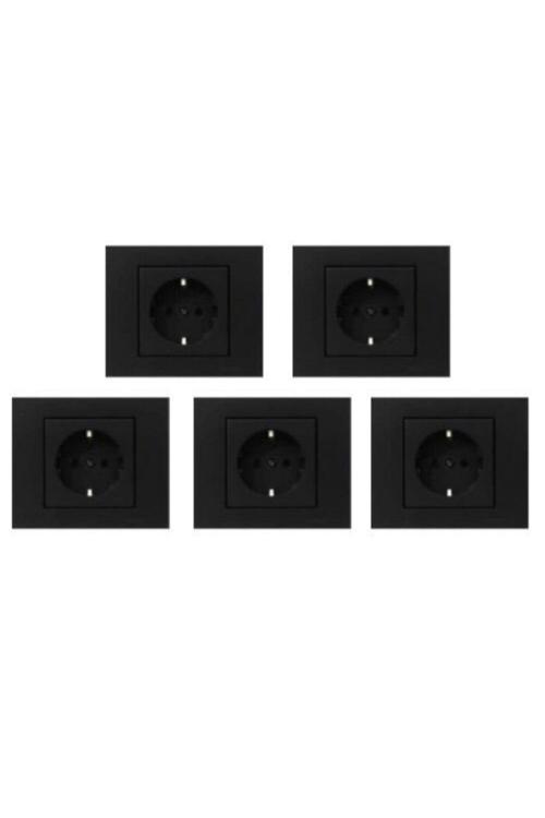 5 Adet Ovivo Grano Siyah Topraklı Priz 5'li Çerçeve Dahil