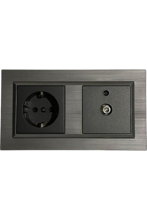 Quantum Manyetik Gri+siyah Topraklı Priz+uydu Prizi Çerçeve Dahil
