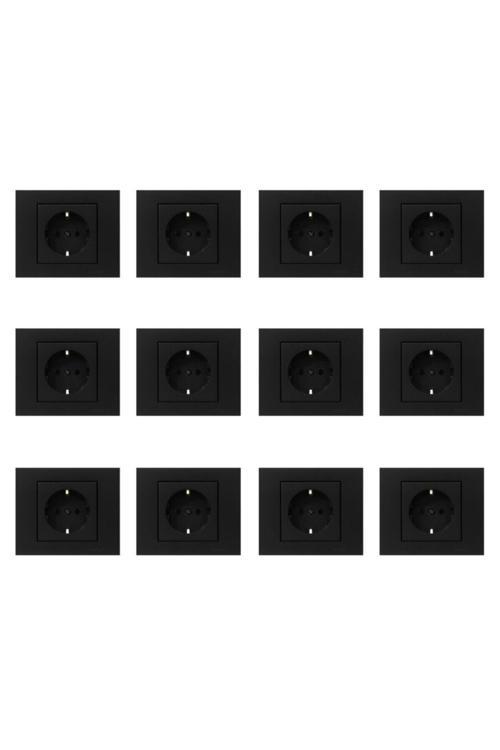 12 Adet Ovivo Grano Siyah Topraklı Priz Çerçeve