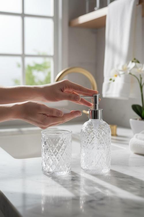 Banyo seti takımı cam sıvı sabunluk - diş fırçalık 2 li set