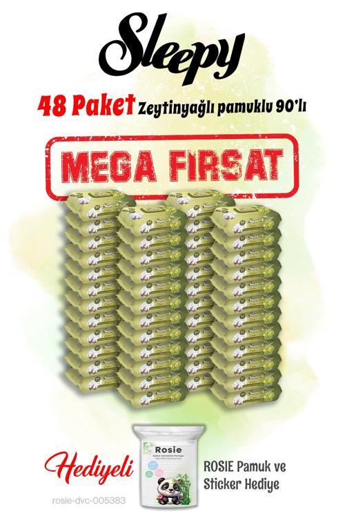 90'lı Zeytinyağlı Pamuklu Islak Bebek Havlusu Mega 48 paket ve Rosie hediye