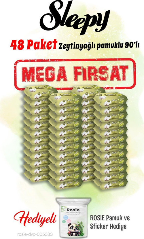 90'lı Zeytinyağlı Pamuklu Islak Bebek Havlusu Mega 48 paket ve Rosie hediye