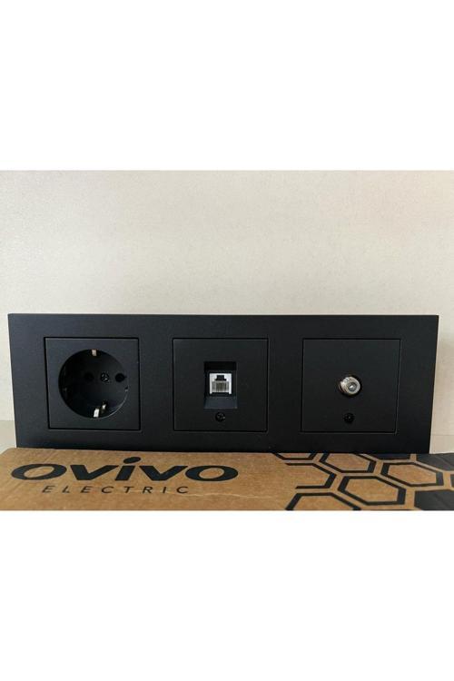 Siyah 3 Lü Set Topraklı Priz Numeris Uydu 3 Lü Çerçeve