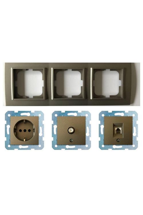 Mina Antrasit Üçlü Set - Tv - Data Cat 6 Internet- Topraklı Priz