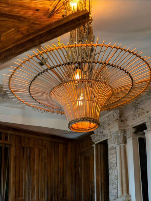 Zeus Güneş Hasır Avize 70X70X20Cm Bohem Avize Jüt Avize Oda Mutfak Salon Avize Restoran Kafe Avize