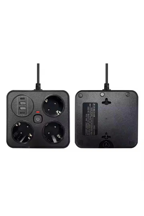 Akım Korumalı Anahtarlı Priz - 3x Priz - 2x Usb - 2x Type-c - 2 Mt Kablo Hızlı Şarj Özellikli Siyah