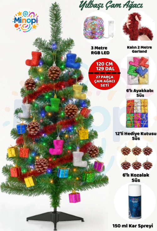 120 Cm Yılbaşı Çam Ağaç Seti 3 Metre Rgb Led Işıklı Ve Yılbaşı Süsleri Paketi Christmas Tree