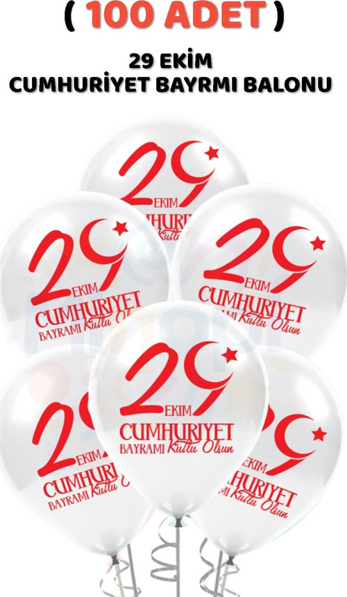 ( 100 Adet ) 29 Ekim Baskılı Cumhuriyet Bayramı Balonu Kırmızı Beyaz Balon 12'' Süsleme Milli Bayram