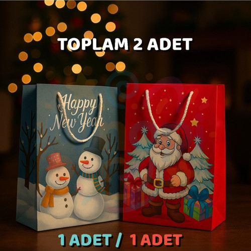 Noel Baba Ve Kardan Adam Desenli Hediye Çantası Seti – 2’Li Kırmızı & Mavi Yılbaşı Hediye Poşeti