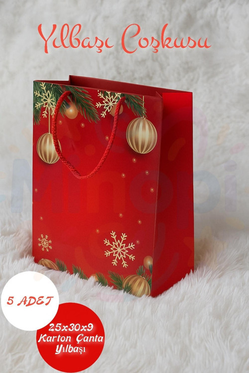 Noel Desenli Hediye Çantası Kırmızı I 5 Adet Yılbaşı Hediye Poşeti 25X30X9 Christmas