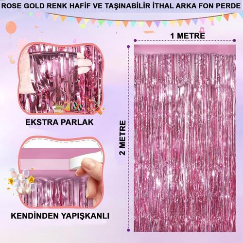 Rose Gold Renk Ekstra Metalize Parlak Saçaklı Arka Fon Perde İthal A Kalite 1x2 Metre (4915) Go-53-v