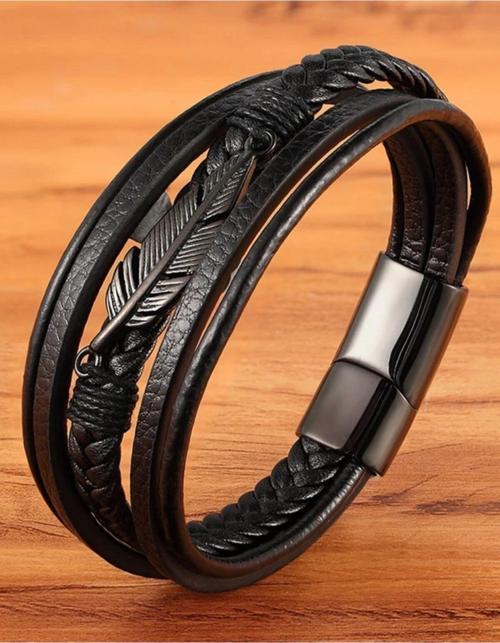 Erkek Bileklik Hakiki Deri Yaprak Model El Örme Modern Tasarım