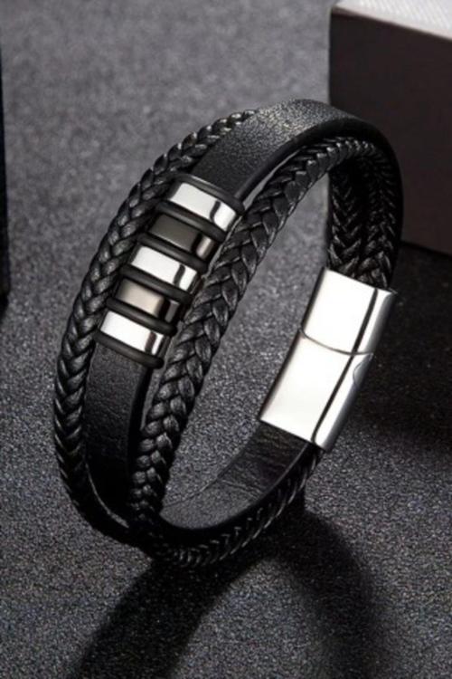 Erkek Bileklik Deri Model - Siyah Silver Hasır Örme Şık Modern