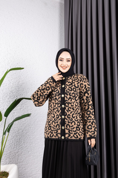 Sfg Life Moda Kadın 38-40 Beden Uyumlu Şardonlu Tüylü Önü Gold Düğmeli Ve Leopar Desenli Triko Hırka