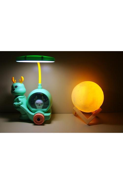 Geyik Tepe Lambalı Masa - Gece Lambası Ve 3D Led Küre