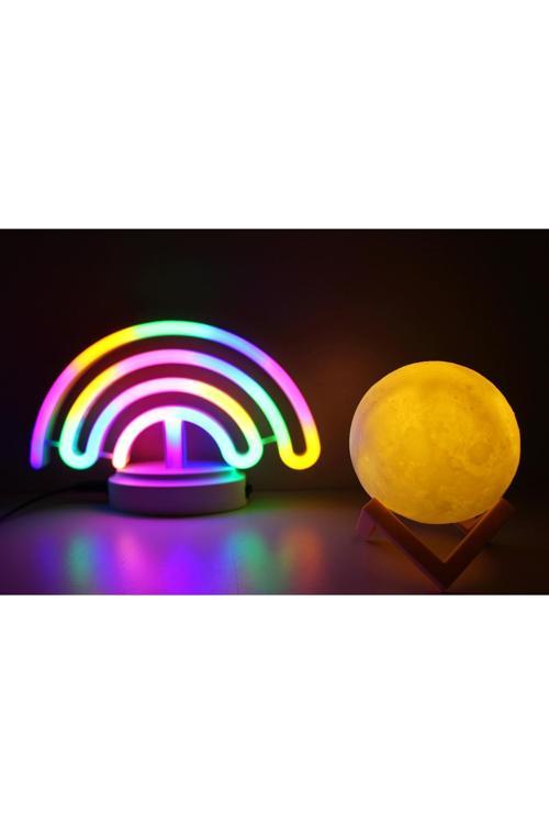 Sevimli Renkli Neon Gökkuşağı Ve 3D Küre , Pil Kablo'Lu Gece Lambası Çocuk Oda Parti Dekorasyon