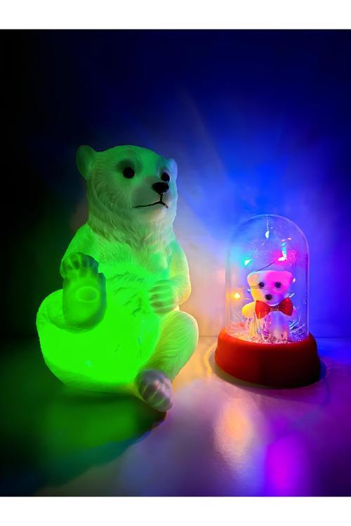 Rcb Renk Değiştiren Ayıcı Ve Renkli Işıklı Led Fanusta Ayıcık Hediye Konsepti