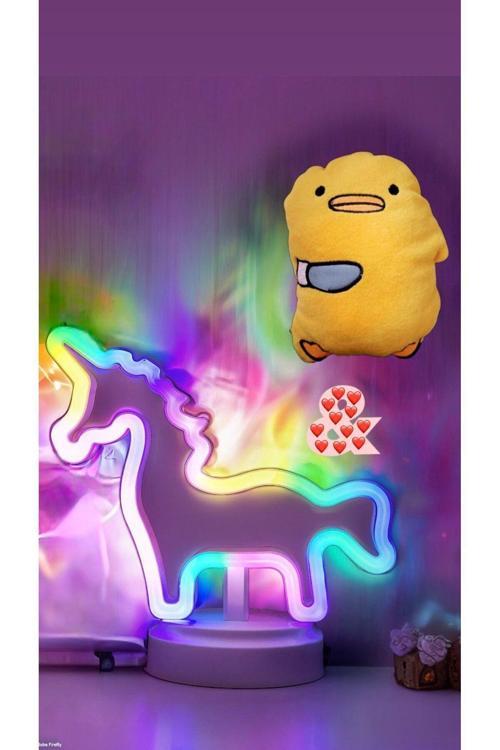 Renkli Led Unicorn Ve Peluş Katil Civciv Neon Dekoratif Gece Lambası Hediye Kutusu