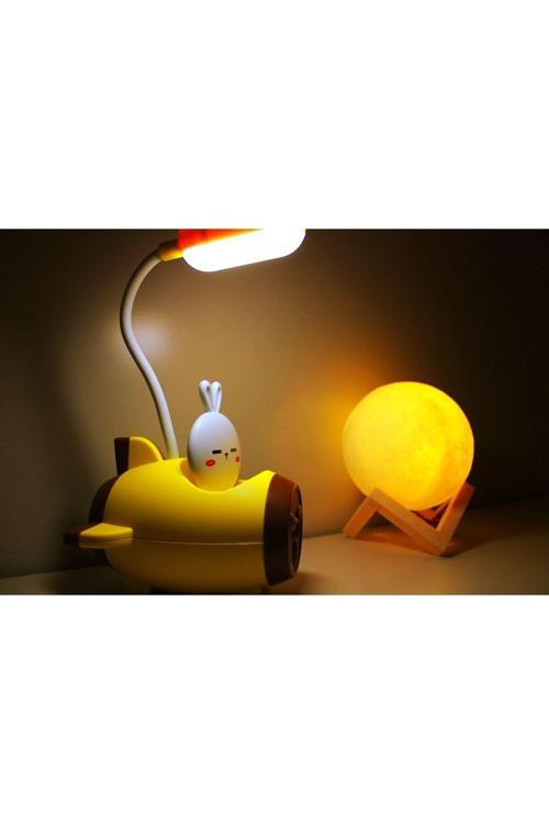 Tepe Lambalı Kalem Traşlı Sarı Uçak Masa Lambası İle 3 D Led Küre Sarı Gece Lambası