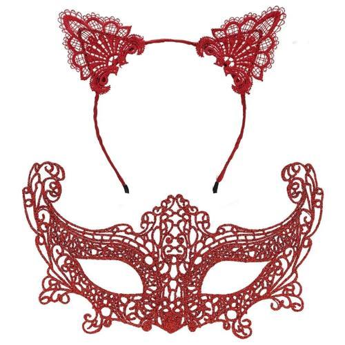 BFS  Romantik Kırmızı Dantel Maske Seti – Kedi Kulaklı Taç ve Maske 3 No