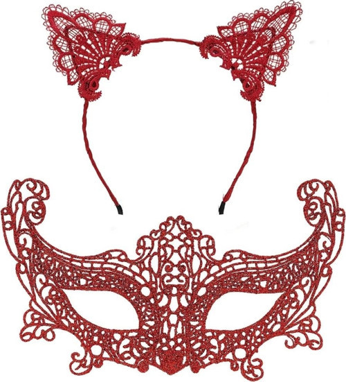 BFS Romantik Kırmızı Dantel Maske Seti – Kedi Kulaklı Taç ve Maske 3 No