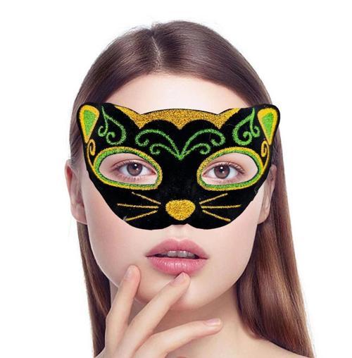 BFS   Siyah Kadife Kaplama Üzeri Sarı Yeşil Sim İşlemeli Kedi Maskesi 20x13 cm