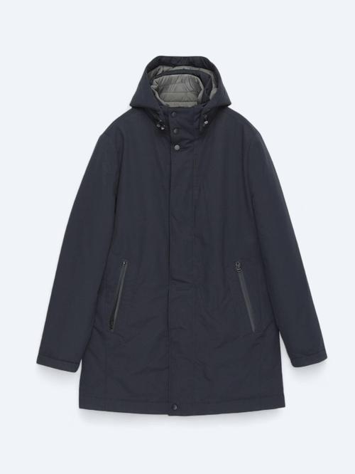 Lacivert Kapüşonlu Casual Dokuma Kaban