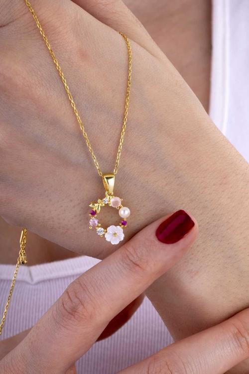 İnci Taneli Manolya Çiçeği Kadın Altın Kaplama Gümüş Kolye