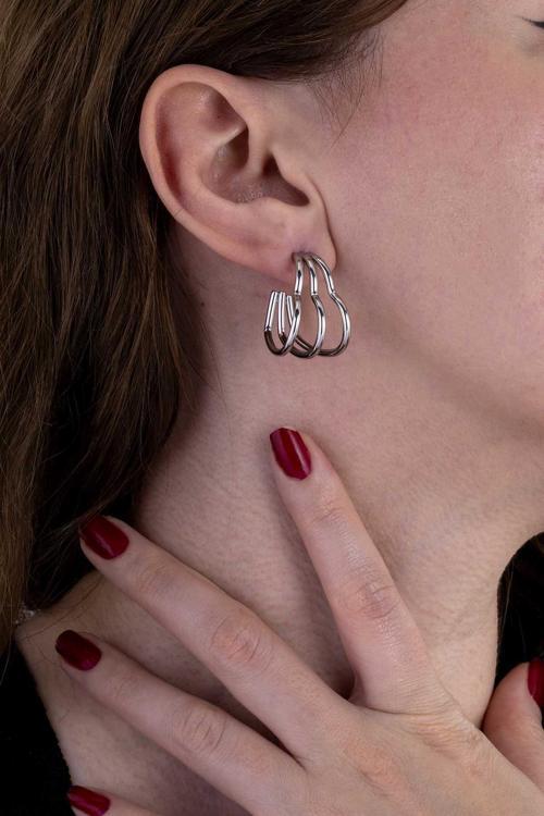 Üçlü Kalp Beyaz Altın Kaplama Çelik Kadın Küpe