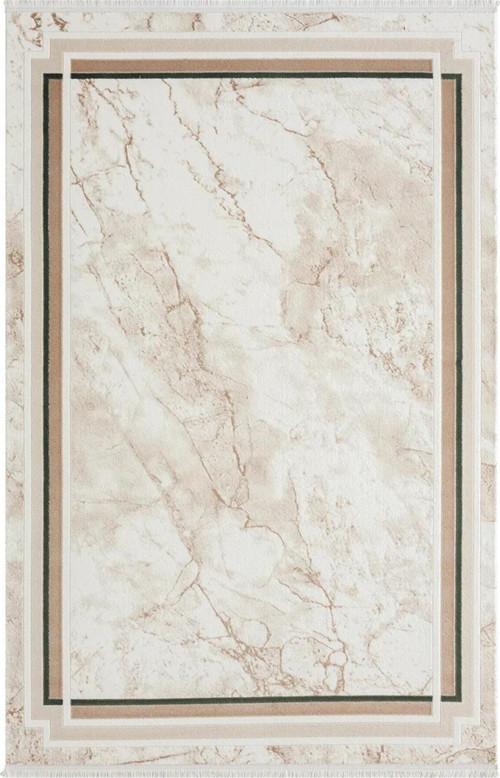 Dream Bej Halı Kahverengi Mermer Detaylı Yeşil Kenar Çerçeveli Akrilik Tozuaz Modern Salon Halısı