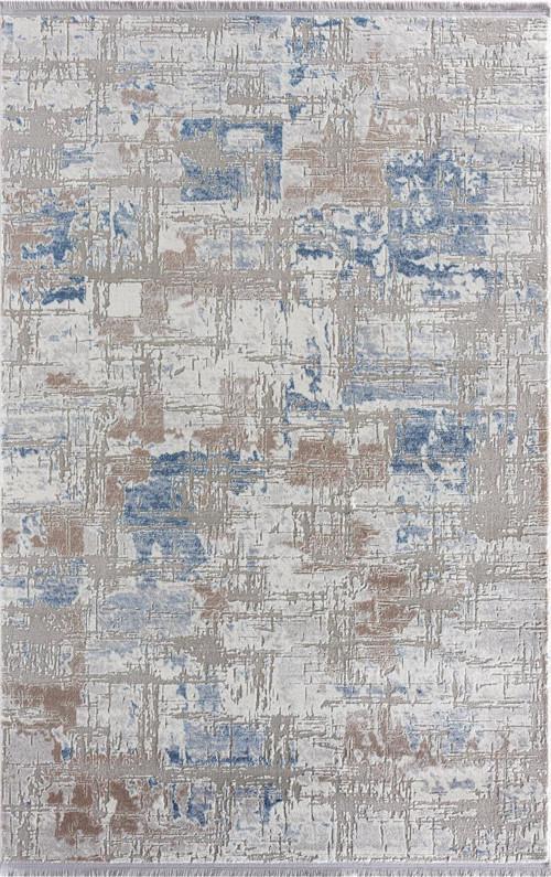 Sofia Gri Halı Bej Lacivert Detaylı Modern Desen Akrilik Tozuaz Salon Halısı Yatak Odası Halısı