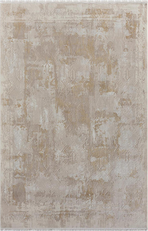 Marsilya Bej Halı Gold Detaylı Modern Eskitme Desen İnce Akrilik Yumuşak Salon Halısı Koridor Halısı