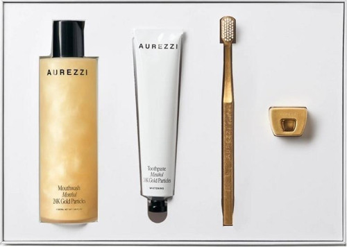 Gift Box Ağız Bakım Suyu 200ML Mentol Diş Macunu 75ML Gold White Medium Diş Fırçası Gold Tutacak Set