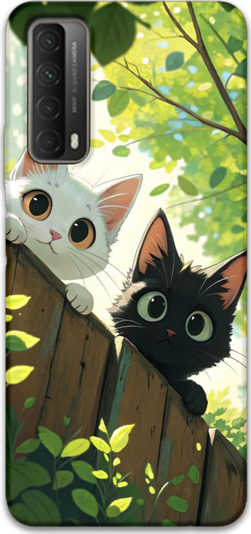 Huawei P Smart 2021 Uyumlu Kedi Desenli Telefon Kılıfı + Ekran Koruyucu - 5785
