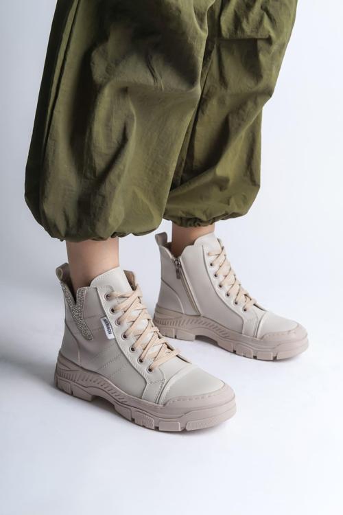 AMBER Bağcıklı Fermuarlı Ortopedik Taban Kadın Bot  CKT - Krem